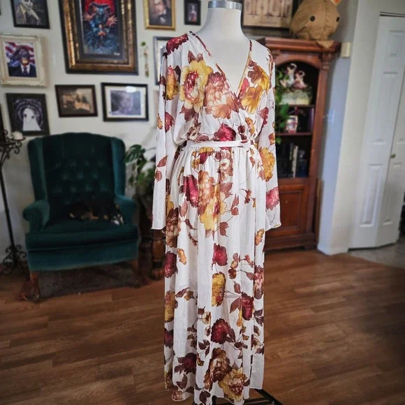 Alexa B Nites Womens Maxi Dress Floral Print Long Sleeve Fall Autumn V Neck 20W - Picture 1 of 8